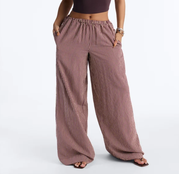 Retro Brown‑White Vertical Stripe Wide‑Leg Pants