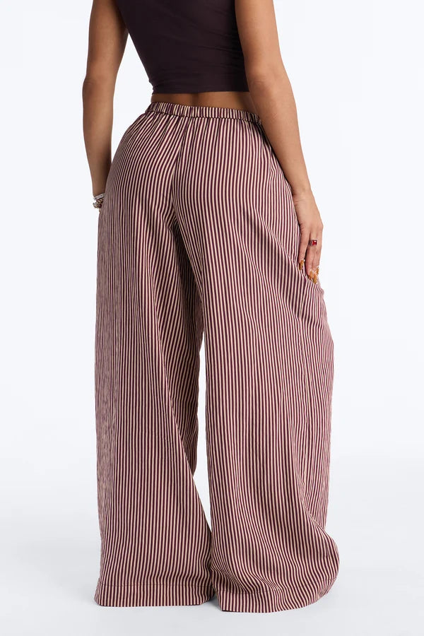 Retro Brown‑White Vertical Stripe Wide‑Leg Pants