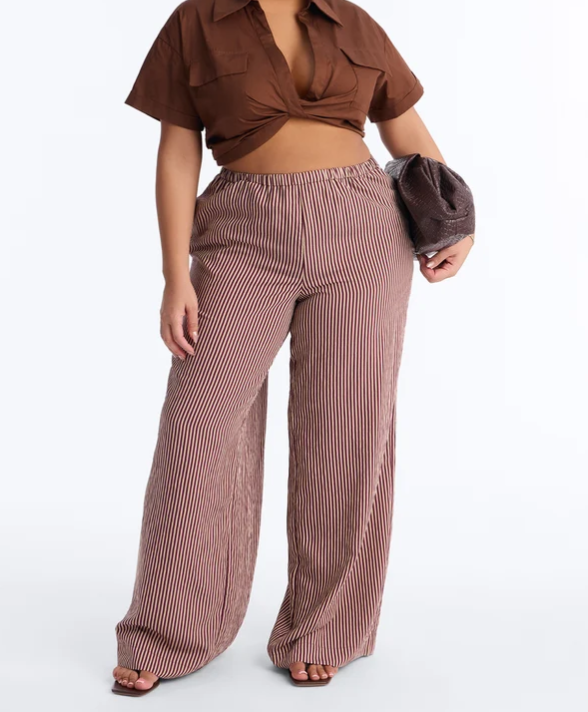 Retro Brown‑White Vertical Stripe Wide‑Leg Pants