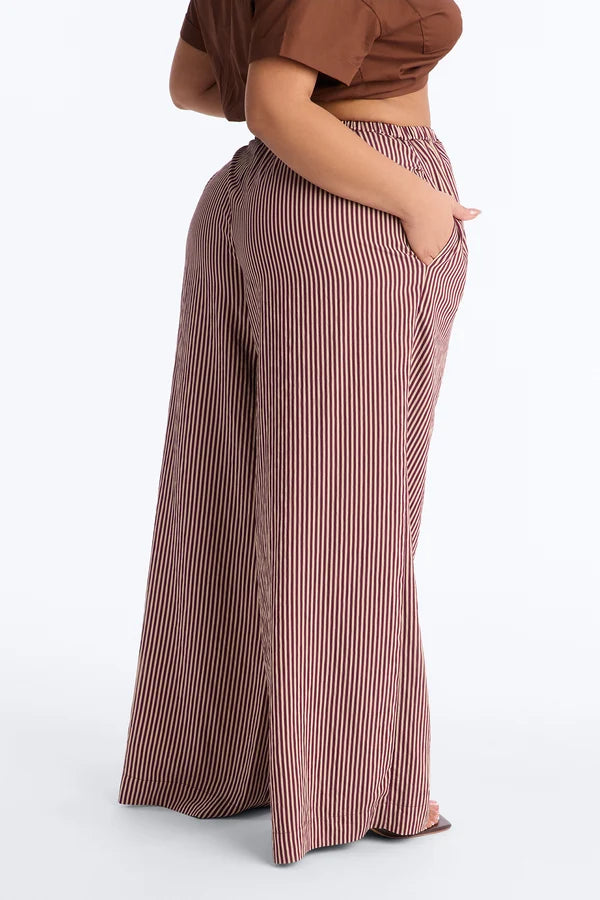 Retro Brown‑White Vertical Stripe Wide‑Leg Pants