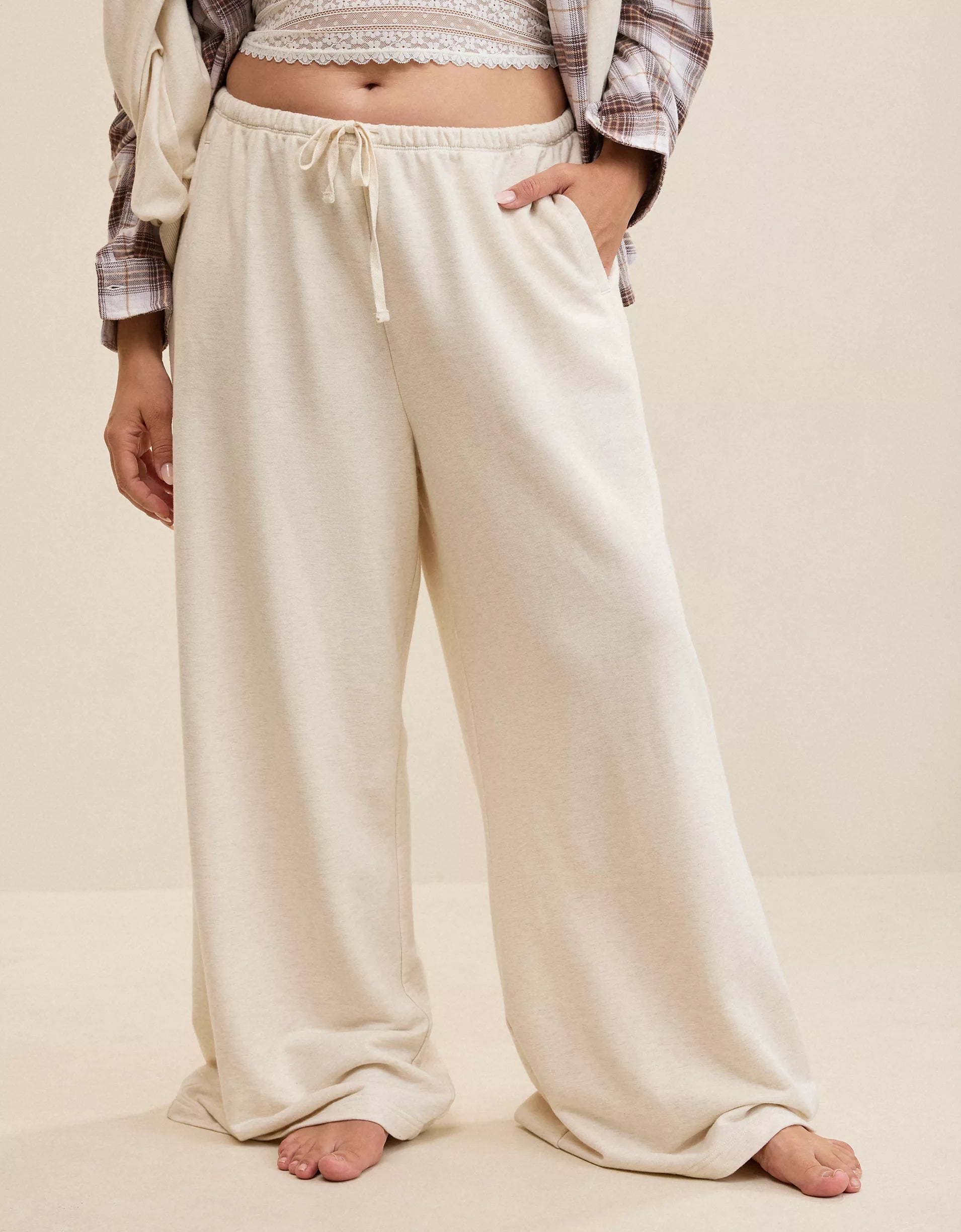 Oatmeal-colored drawstring knit wide-leg casual trousers