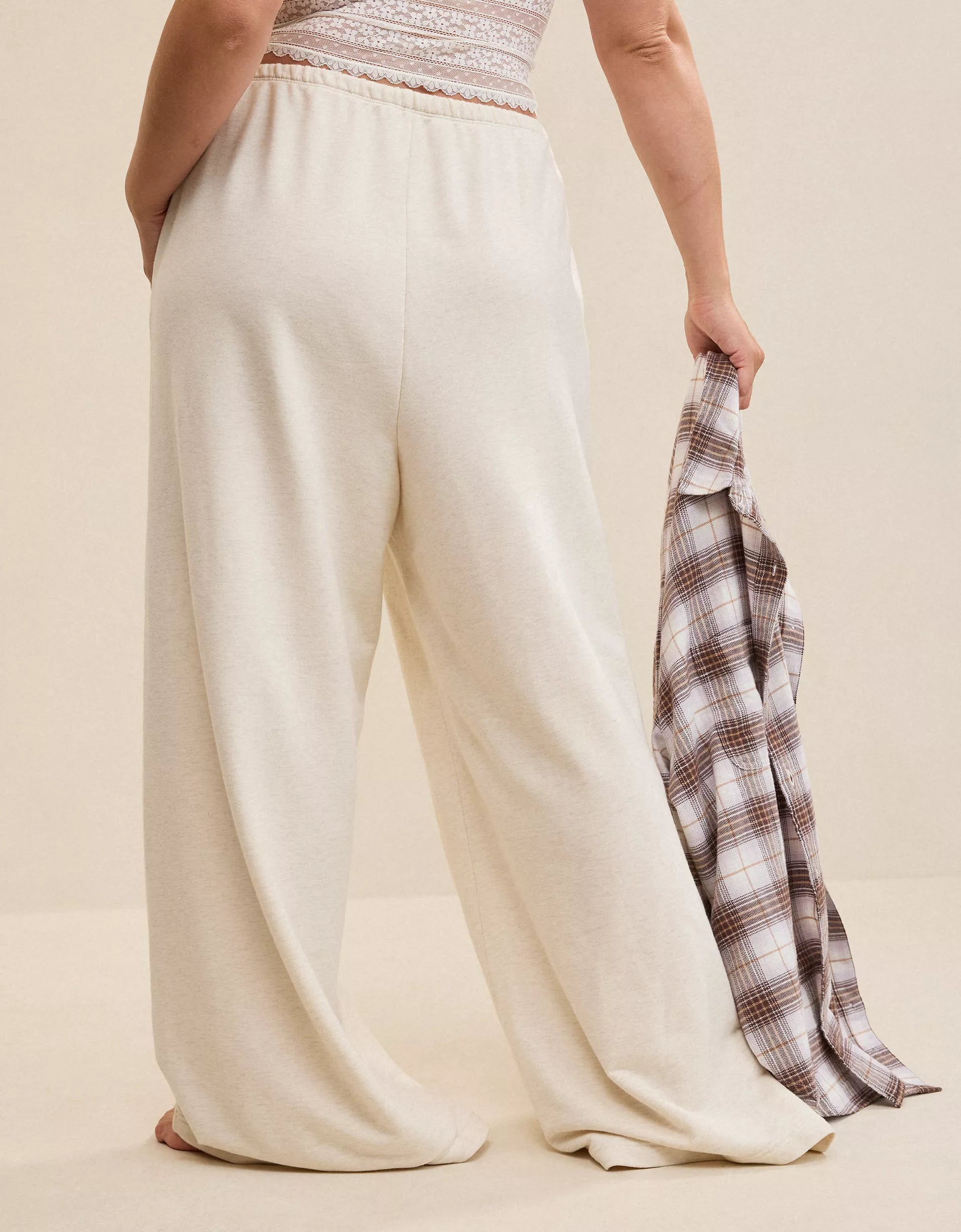 Oatmeal-colored drawstring knit wide-leg casual trousers
