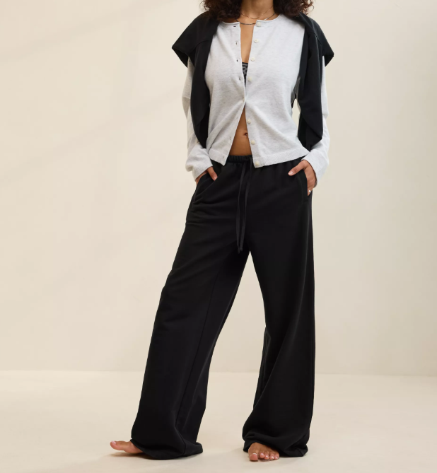Black Drawstring Knit Wide‑Leg Pants