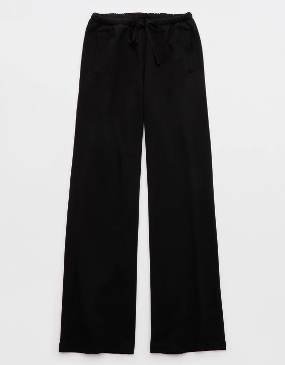 Black Drawstring Knit Wide‑Leg Pants