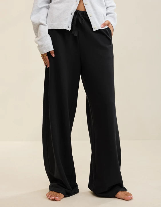 Black Drawstring Knit Wide‑Leg Pants