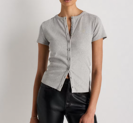 Heather Grey Ribbed Button‑Front Short‑Sleeve Top