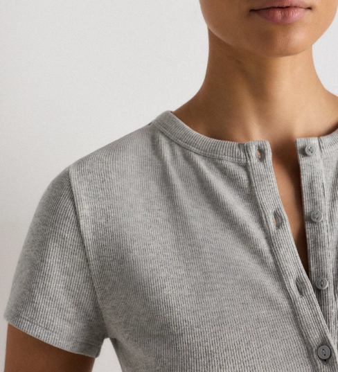 Heather Grey Ribbed Button‑Front Short‑Sleeve Top