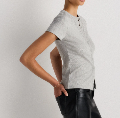 Heather Grey Ribbed Button‑Front Short‑Sleeve Top