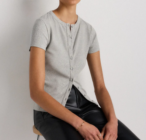Heather Grey Ribbed Button‑Front Short‑Sleeve Top