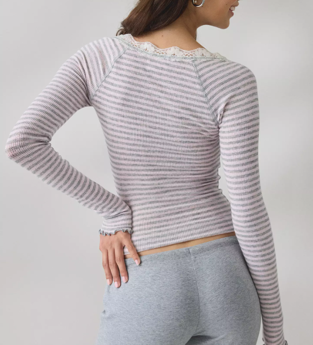 Pink‑Grey Stripe Lace V‑Neck Long‑Sleeve Top