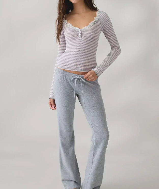 Pink‑Grey Stripe Lace V‑Neck Long‑Sleeve Top